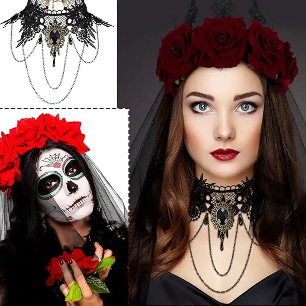 Halloween Vintage Rose Floral Gothic Crown Headpiece 5pcs